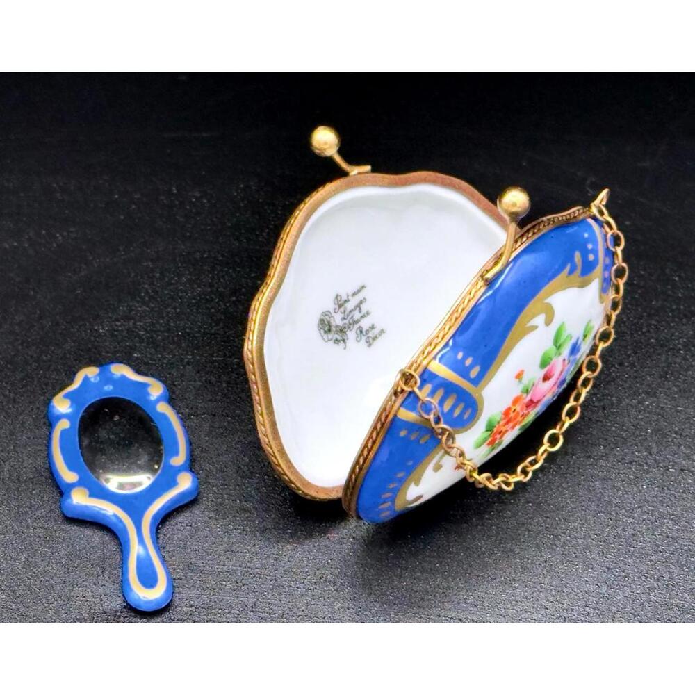 Authentic Limoges France Victorian Blue Floral Purse Trinket Box wMirror Trinket